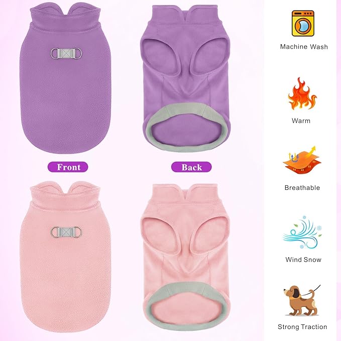 Idepet 2 Pack Dog Fleece Vest Sweater Warm Pullover Jacket with D-Ring Leash Reflective Winter Coat Hoodie for Puppy Cat French Bulldog Pug Chihuahuas Yorkies Dachshunds(Purple&Pink,X-Large)