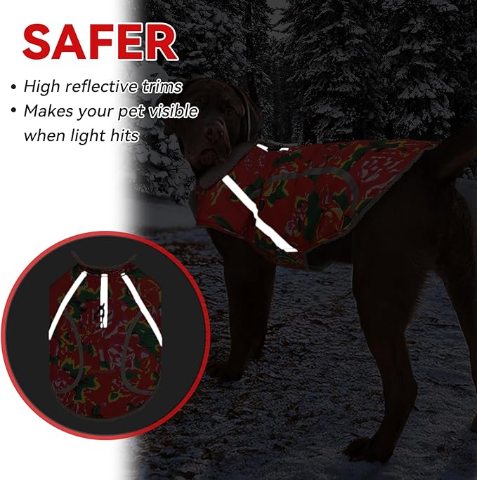 VIVAGLORY Frostfit Dog Coat, Dog Jacket for Winter & Cold Weather, Warm Fluffy Fleece Lined Water Resistant Reflective for Puppy, Coat with Velcro Fastening & Leash Hole, L, Northeast Florals-Red