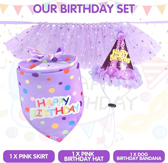 SCENEREAL Dog Birthday Bandana with Hat and Dress Girl Set, Large Dog Birthday Party Supplies, Cute Tutu Skirt Outfit for Medium Big Dogs