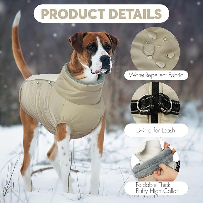 IDOMIK Warm Dog Coat with Harness, Waterproof Reflective Dog Jackets for Small Medium Large Dogs, Fleece High Collar Winter Jacket with Zipper, Pet Winter Snowsuit Clothes for Cold Weather,Khaki S