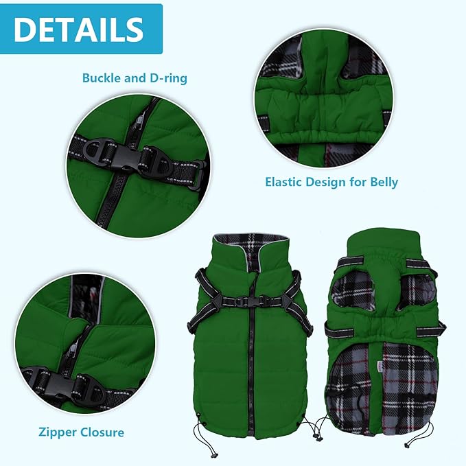 Geyecete Winter Warm Coat Waterproof Dog Winter Jacket with Harness Traction Belt,Pet Outdoor Jacket Dog Autumn and Winter Clothes for Medium, Small Dog-Green-L