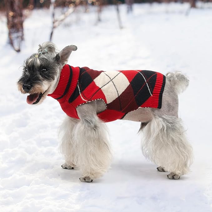 KOOLTAIL Dog Sweater Pet Knitted Clothes-Classic Plaid Pullover Turtleneck Red Fleece Dog Christmas Sweaters with Leash Hole, Thick Warm Dog Winter Clothes for Small Medium Large Dogs Cats Puppy, M