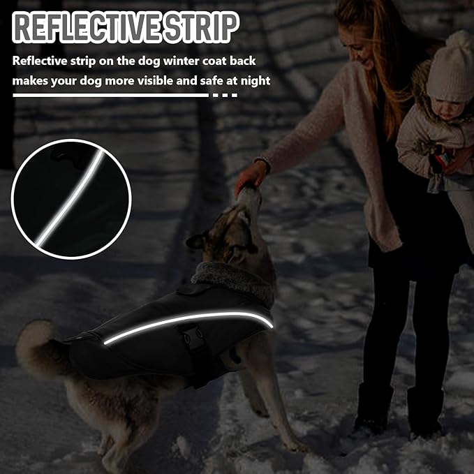 DENTRUN Large Dog Winter Coat - Windproof Reflective Warm Coat, Adjustable Neck & Snap Closure, Water Repellent Thick Fleece Vest, Fleece Lined for for Golden Retriever, Black, XL