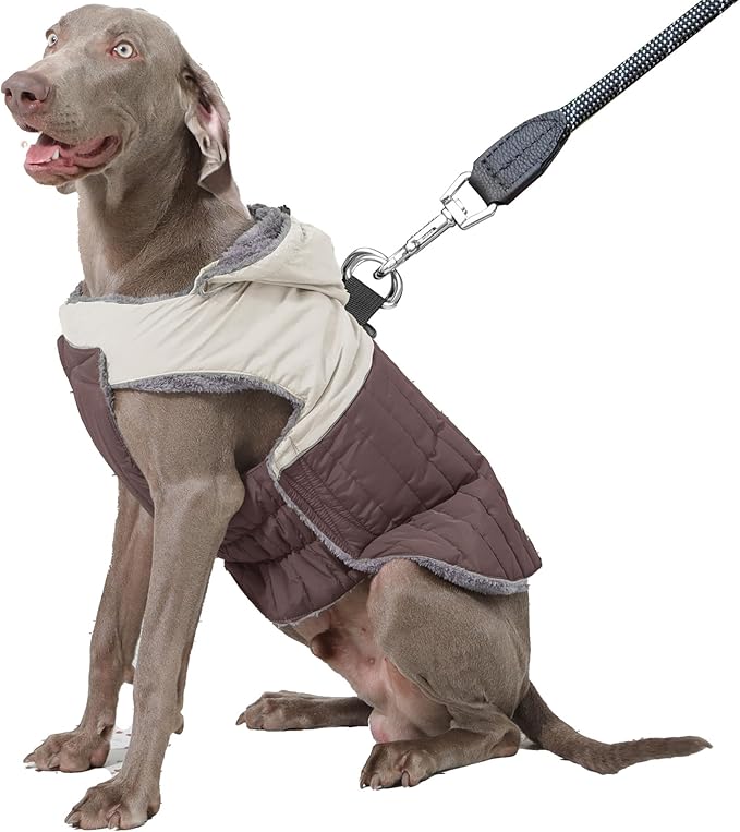 Detachable Hooded Dog Coat with Harness for Large Dogs,Super Warm Fleece Puppy Jacket for Cold Winter Doggie Coats,Brown XXL