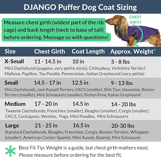 DJANGO Reversible Puffer Dog Coat – Warm Winter Dog Jacket & Water-Repellent Insulated Dog Coat w/Harness Hole, Windproof, Adjustable Fit for Small & Medium Dogs, Dachshunds – Violet Purple, Small