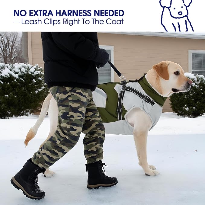 FUAMEY Dog Winter Jackets for Large Dogs,Dog Coat with Harness Built in,Waterproof Dogs Snowsuits Warm Pet Jacket Zip Up Fleece Cold Weather Coats Reflective Puppy Vest with Pocket Green 3XL