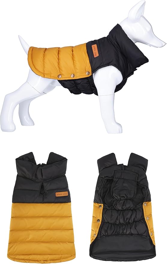 SPACE LION Dog Puffer Jacket, Down Winter Coat, Durable Outdoor Coat for Cold and Windy Conditions, Waterproof, Lightweight Jacket, Adjustable Fit for Small, Medium, Large Dogs(BlackKhaki,24/2XL)