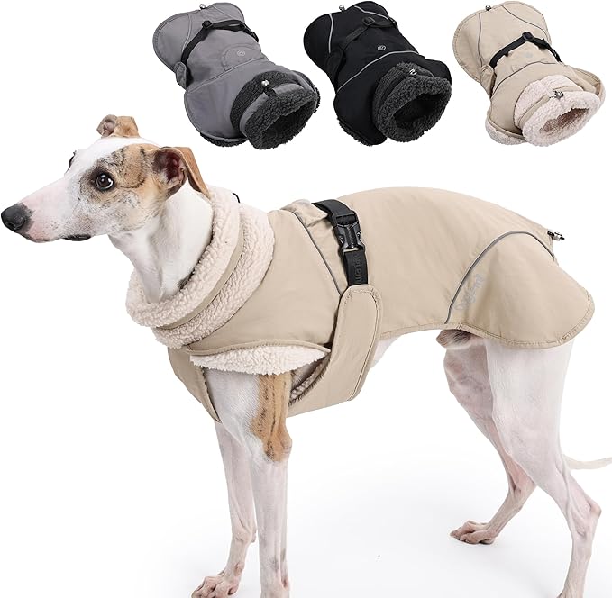 Adjustable Dog Coat with Harness Slot, Waterproof Fleece Lined Winter Jacket, Windproof Reflective Pet Vest for Cold Weather for Small Medium Large Dogs (Beige, X-Large)