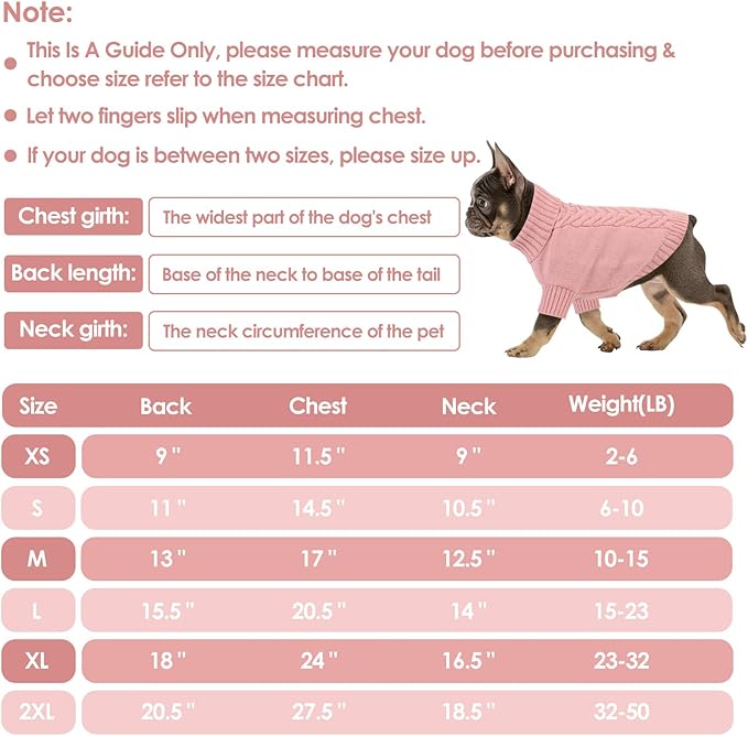 Dog Sweaters for Small Dogs Classic Turtleneck Dog Christmas Sweater Thick Warm Pullover Female Puppy Pet Stretch Knitwear Fall Winter Clothes with Leash Hole(Pink, XS)