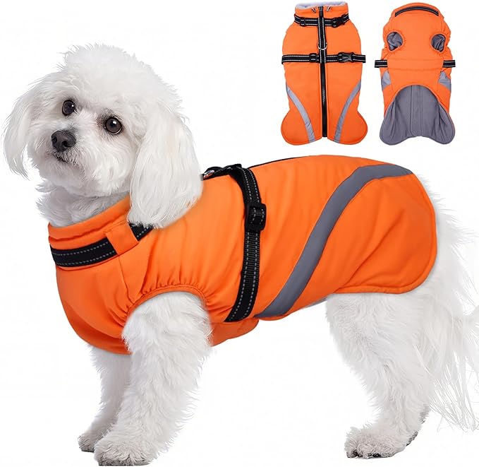 BRKURLEG Dog Winter Jackets for Small Dogs, Dog Coat with Harness Built in, Dogs Snowsuits with Zipper, Waterproof Windproof Pet Puffer Jacket Fleece Vest for Chihuahua, Yorkie, Orange XS