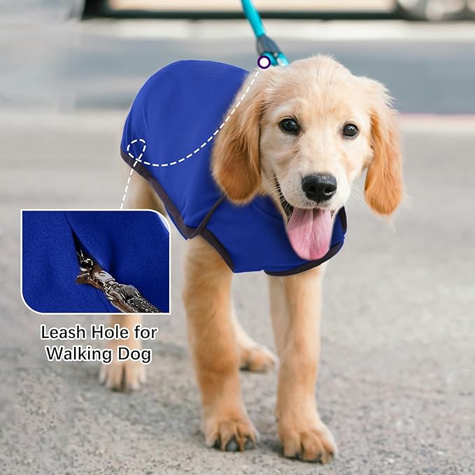 ROZKITCH Dog Fleece Vest with Leash Hole, Pet Windproof Warm Cold Weather Jacket Vest Cozy Jumpsuit Apparel Outfit Clothes for Walking Hiking Travel Sleep Blue 2XL