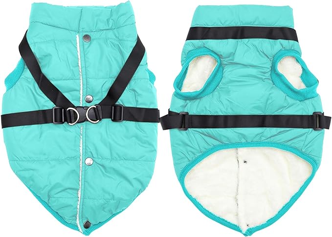 Dog Jacket with Harness,Fleece Lined Warm Puppy Coat for Winter,Soft Windproof Medium Dog Vest,Bluegreen XL