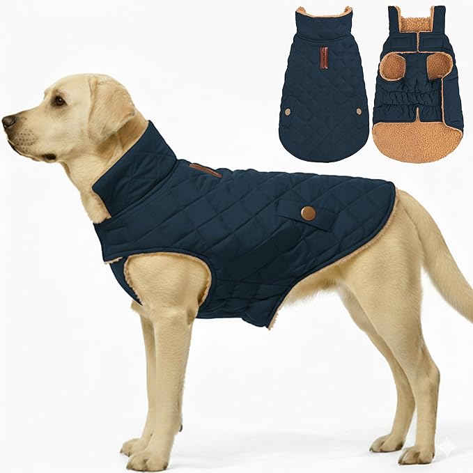 azuza Dog Jacket for Large Dogs Waterproof & Windproof Dog Coat for Small Dogs with Thick Fleece, High Collar with Leash Hole, Adjustable Velcro & Elastic Belly, Navy 3XL