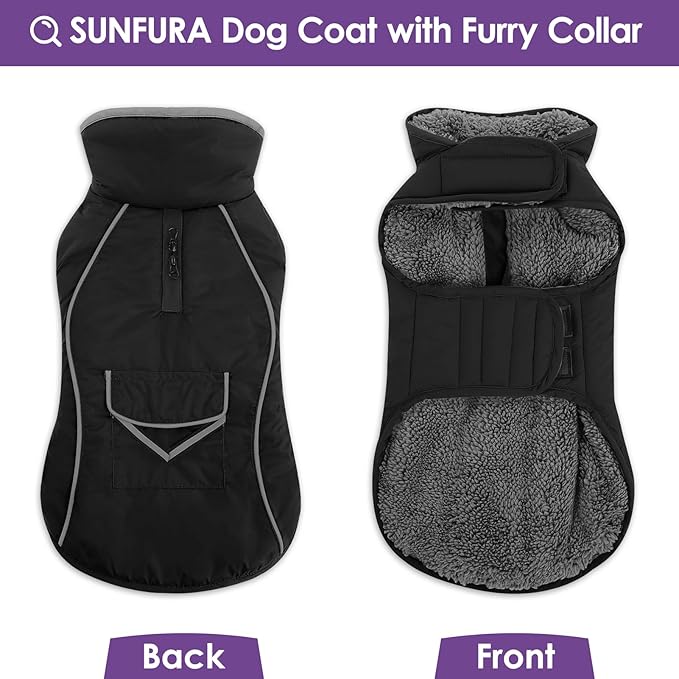 SUNFURA Small Dog Coat, Warm Dog Winter Jacket, Reflective Pet Snow Jacket with Fleece Lined, Waterproof Puppy Snowsuit Pet Sweater Clothes for Small Dogs, Black XS