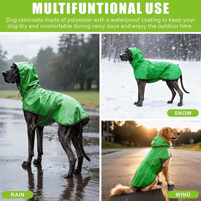 Mosucoirl Dog Raincoat Jacket Reflective Adjustable Hooded Pet Poncho Rain Coats with Leash Hole Waterproof Clothes for Small Medium Large Dogs (Green, S)