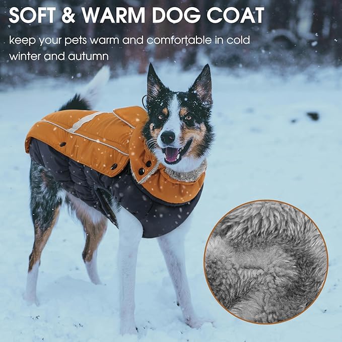 Queenmore Warm Fleece Dog Jacket, Cold Weather Waterproof Dog Snow Jacket with Leash Hole, Reflective Turtleneck Dog Snow Jacket Snowsuit, Dog Warm Coat for Small Medium& Large Dogs(Brown,2XL)