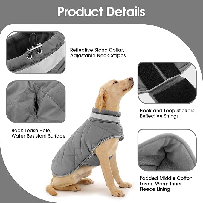 Dog Winter Coat Warm Padded Puppy Jacket Windproof Water Resistant Clothes for Small Medium Large Pets Christmas Sweater Outfit Vest(Grey, S)