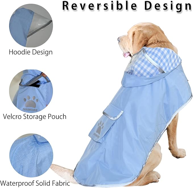 MAMORE Dog Raincoat Reversible,Waterproof Dog Rain Coat Hooded Slicker Poncho with Reflective Strip, Plaid Double Layer Rain Jacket for Small Medium Large Dogs (Light Blue, X-Small)