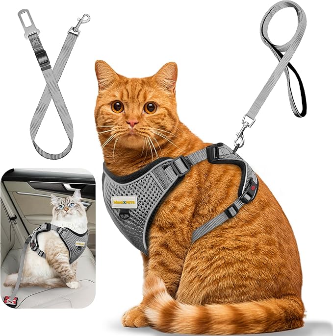 Cat Harness and Leash for Walking, Retractable Cat Harnesses and Leash Set Escape Proof, Breathable Soft Kitten Small Large Harness for Travel Training and Walking, Grey, S