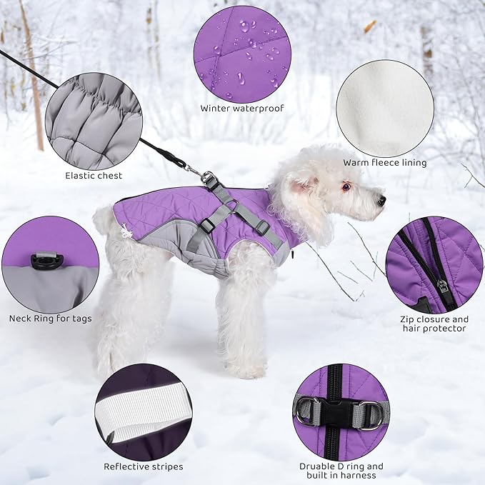 Gyuzh Dog Coat with Harness Dog Jacket Winter Waterproof Dog Coats Dog Harness Coat Cold Weather Winter Dog Coat with Harness Built in for Small Medium Large Dogs