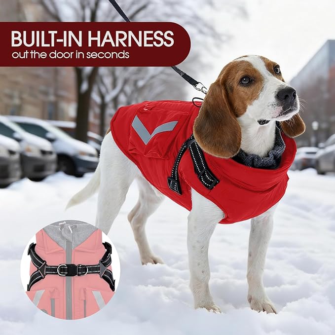FUAMEY Winter Dogs Coat with Back Zipper, Reflective Dog Jacket with Pop Bag Pockets, Thermal Doggies Vest Warm Clothes Fleece Lined, Extra Large Doggy Cold Weather Coats, Shiba Inu (Red, XL)