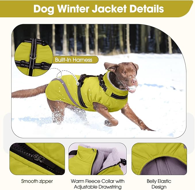 BRKURLEG Dog Winter Jackets for Large Dogs, Dog Coat with Harness Built in, Dogs Snowsuits with Zipper, Waterproof Windproof Pet Puffer Jacket Fleece Vest for Beagle, Pitbull, Green XL