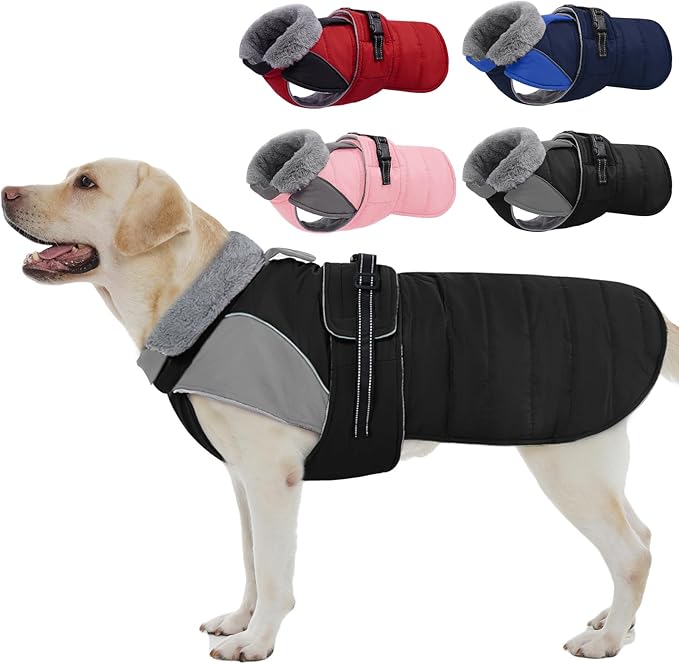 Nanaki Large Dog Coat For Winter Waterproof, Warm Fleece Lining Reflective Large Dog Jacket With Leash Hole, Furry Collar Cold Weather Puppy Vest Outdoor Walking Hunting Easy On Pet Snowsuit Black 2XL
