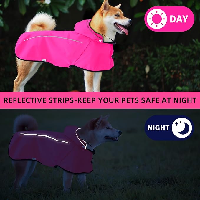 Mile High Life Dog Raincoat, Adjustable Waterproof Pet Rain Jacket, Reflective Hooded Poncho for Small Medium Large Dogs, Lightweight Breathable Pet Rain Coat (Hot Pink,L Chest 26"-33")