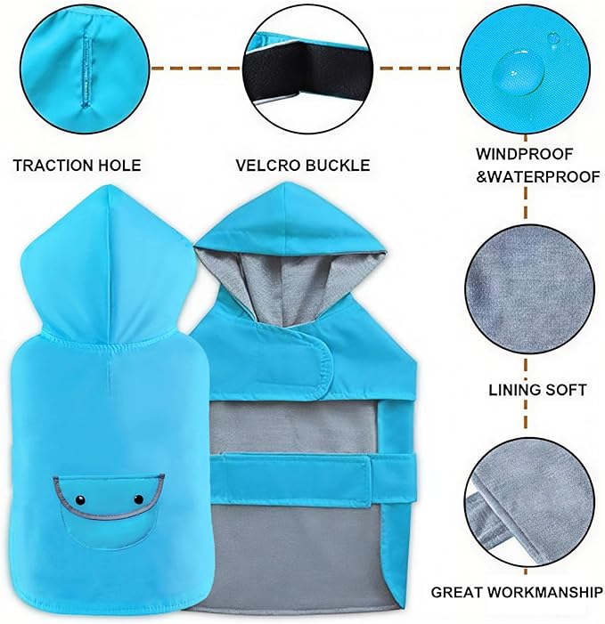 Dog Raincoat Dogs Rain Jacket Reflective Poncho Rainwear Waterproof Pet Clothes Warm Lined Pocket Hooded Leash Hole Adjustable Medium Dogs,Blue,XXL