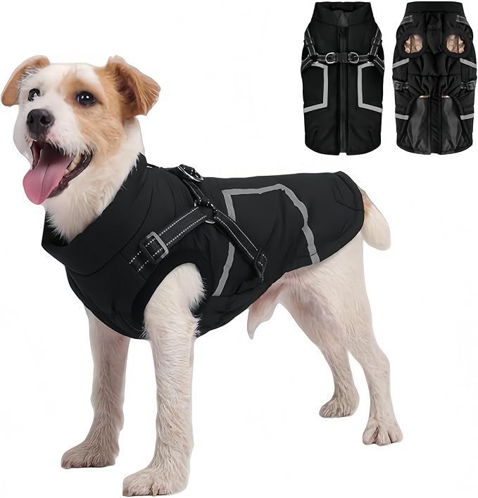 Warm Dog Coat Reflective Jacket, Waterproof Winter Coat for Dogs Turtleneck Dog Clothes for Cold Weather (Black, XL(Chest:18.9-20.4",Neck:(16.9"))