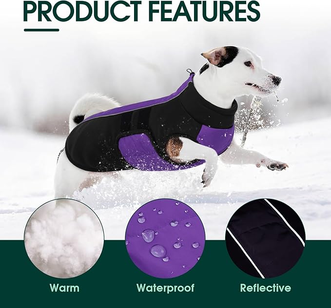 Kuoser Dog Jackets for Small Dogs, Warm Dog Coat with Harness Built in, Puppy Winter Jacket Pet Clothes for Cold Weather, Reflective Waterproof Doggie Winter Vest for Pug Dachshund, Purple S