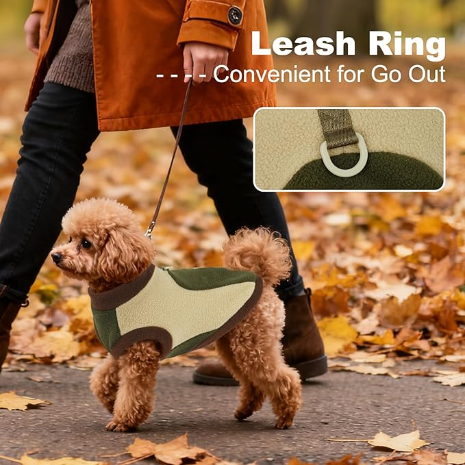 Dog Fleece Coat with Leash Ring, Winter & Fall, Warm Dog Sweater for Small Pets,Cold Weather Pullover Vest for Walking Soft Puppy Sweaters Indoor & Outdoor,Machine Washable,Army Green,Size M