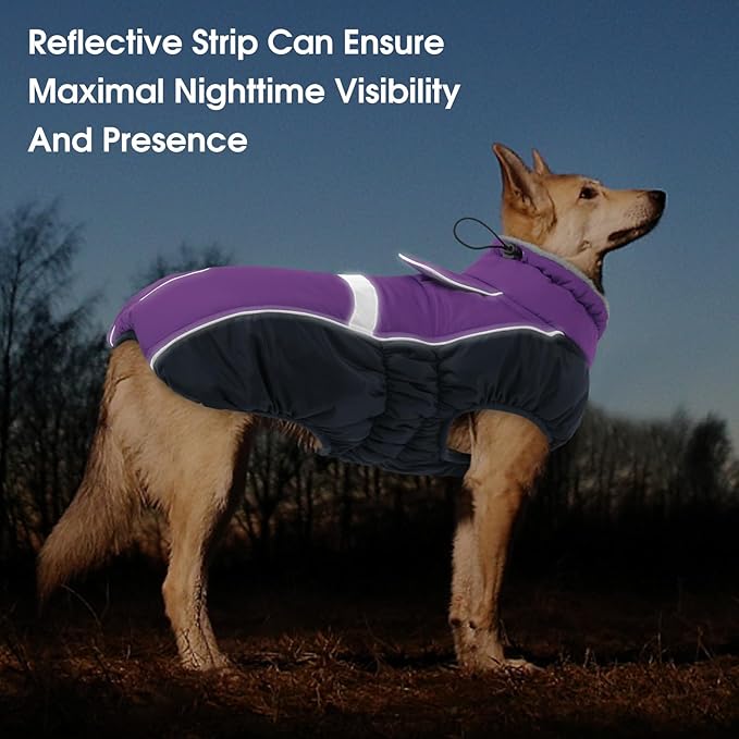 Queenmore Waterproof Dog Coat for Small Dogs,Reflective Windproof Dog Jackets with Leash Hole,Winter Dogs Coat with Zipper On Back,Warm Snowsuit with Fleece Lining（Purple,XS