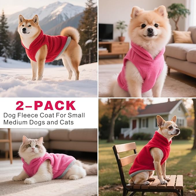 Idepet 2 Pack Dog Fleece Vest Sweater Warm Pullover Jacket with D-Ring Leash Reflective Winter Coat Hoodie for Puppy Cat French Bulldog Pug Chihuahuas Yorkies Dachshunds (Red&Rose Red,X-Large)