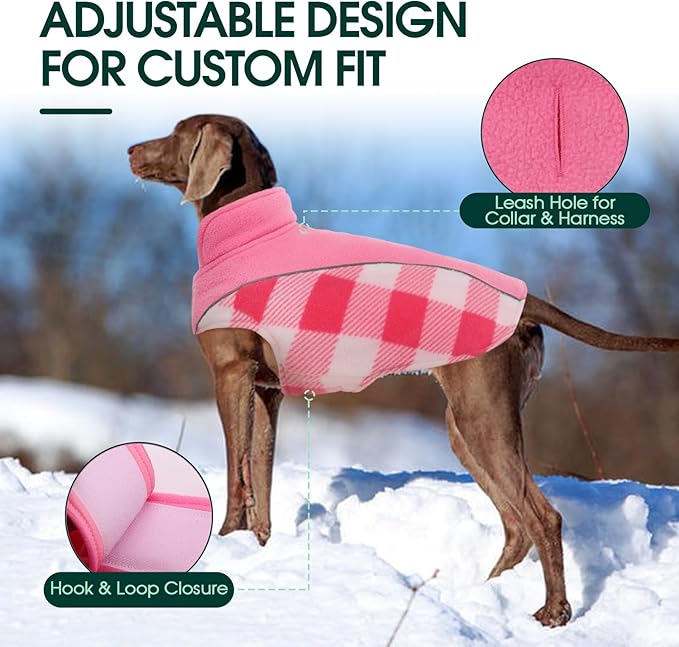 Kuoser Dog Winter Coat, Reversible Waterproof Dog Jacket with Reflective Strip, Warm Dogs Fleece Vest Adjustable Doggy Cold Weather Clothes Plaid Christmas Outfit Pet Apparel for Large Dogs, Pink 2XL