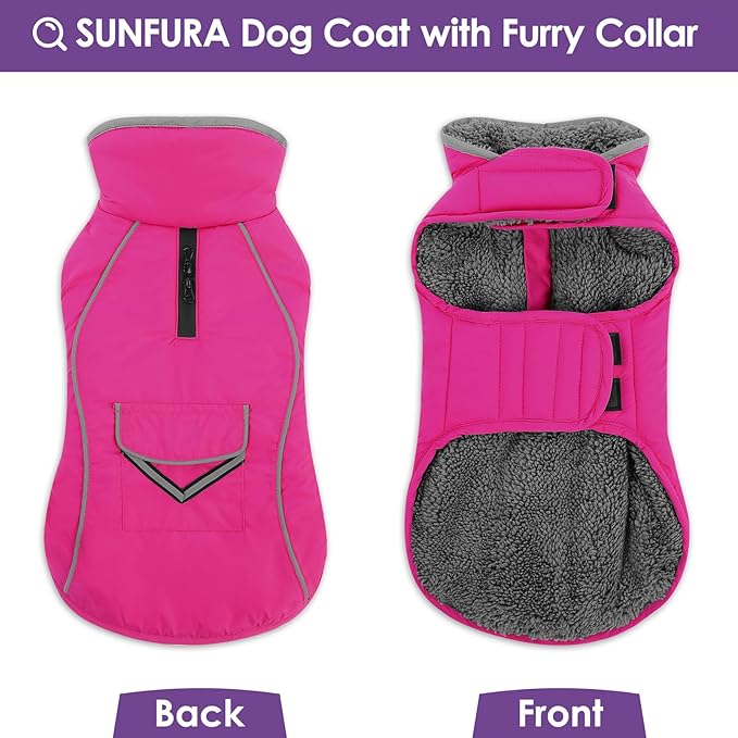 SUNFURA Small Dog Coat, Warm Dog Jacket with Zippered Leash Hole, Reflective Pet Winter Coat Fleece Jacket with Adjustable Furry Collar for Small Dogs Schnauzer, Yorkshire Terrier, Hot Pink S