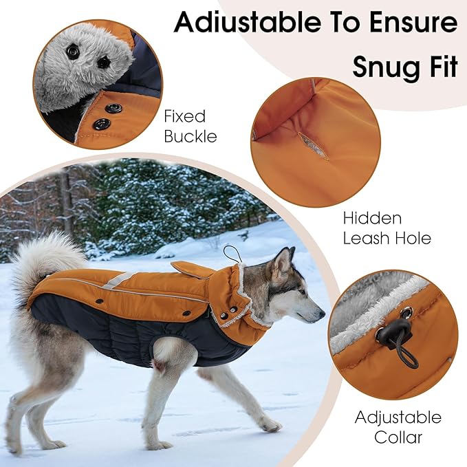 Queenmore Warm Fleece Dog Jacket, Cold Weather Waterproof Dog Snow Jacket with Leash Hole, Reflective Turtleneck Dog Snow Jacket Snowsuit, Dog Warm Coat for Small Medium& Large Dogs(Brown,2XL)