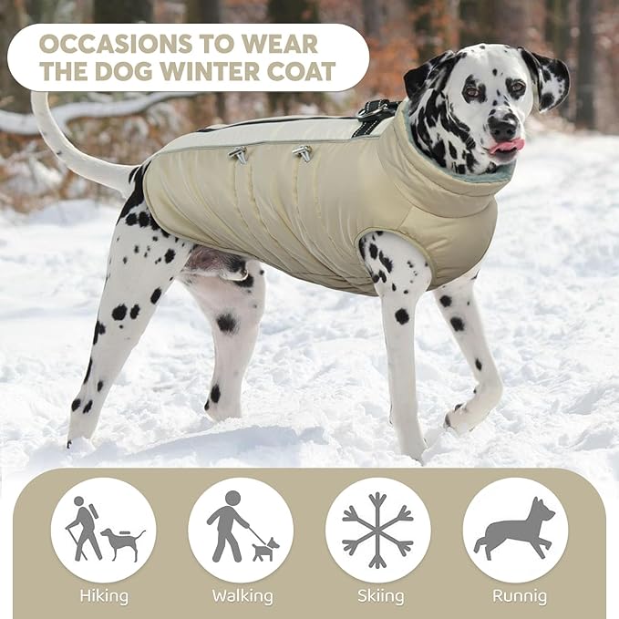 IDOMIK Warm Dog Coat with Harness, Waterproof Reflective Dog Jackets for Small Medium Large Dogs, Fleece High Collar Winter Jacket with Zipper, Pet Winter Snowsuit Clothes for Cold Weather,Khaki XL