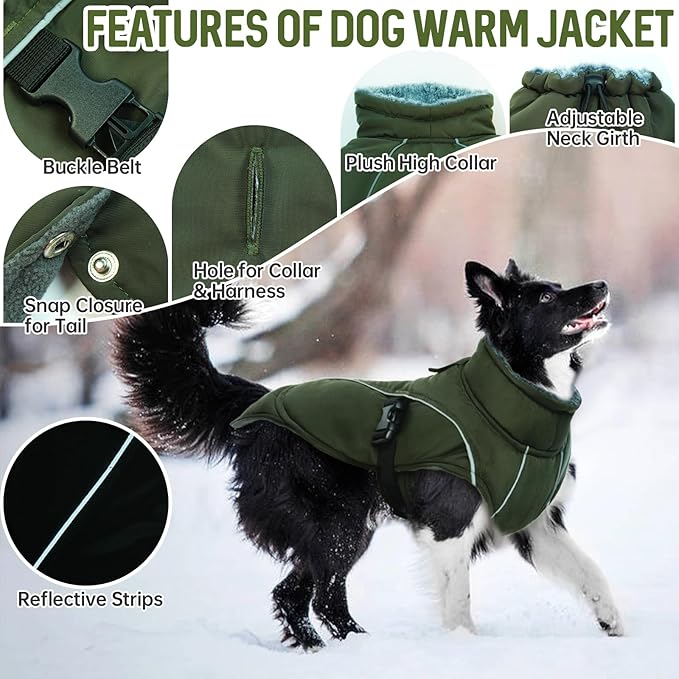 DENTRUN Small Dog Winter Warm Coat - Windproof Cozy Jacket, Thick Fleece Vest with Adjustable Belt, Water Repellent, Reflective Dog Sweater for Yorkie Dachshund Wear, Army Green, S