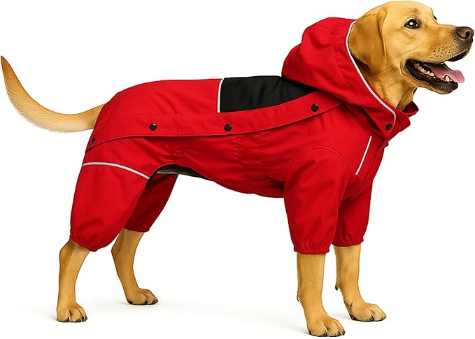 LOVELONGLONG Fleece-Lined Dog Raincoat with Removable Hood – Waterproof Winter Full Body Dog Jacket – Windproof Snowproof Cold-Weather Suit – Red-F 3XL