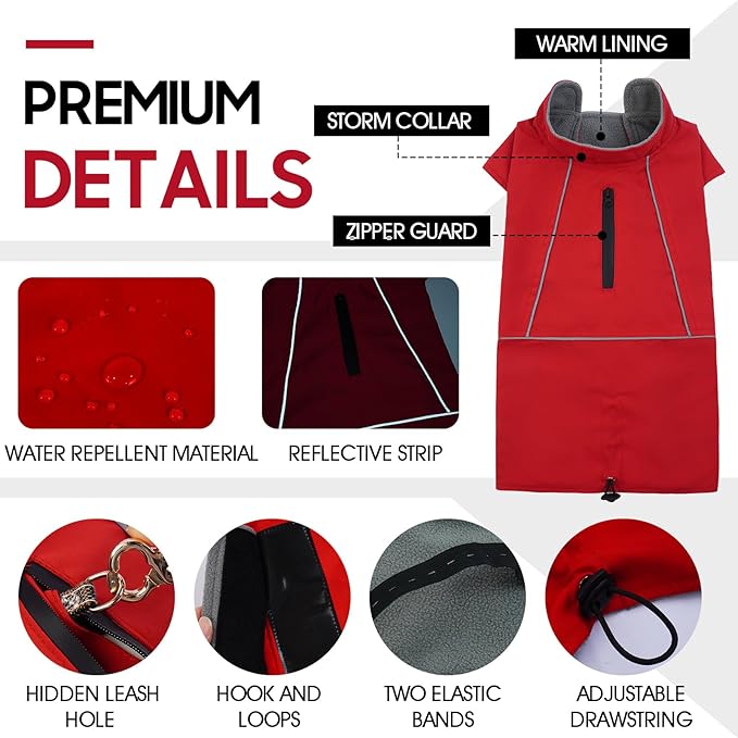 ROZKITCH Dog Winter Coat, Waterproof Raincoat Jacket with Fleece Liner and Leash Hole, Windproof Rain Jacket with Reflective Strip for Medium, Adjustable Poncho Vest for Outdoor Hiking Travel Red L