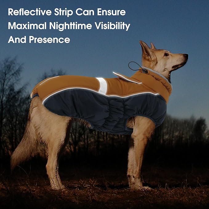 Queenmore Warm Fleece Dog Jacket, Cold Weather Waterproof Dog Snow Jacket with Leash Hole, Reflective Turtleneck Dog Snow Jacket Snowsuit, Dog Warm Coat for Small Medium& Large Dogs(Brown,2XL)