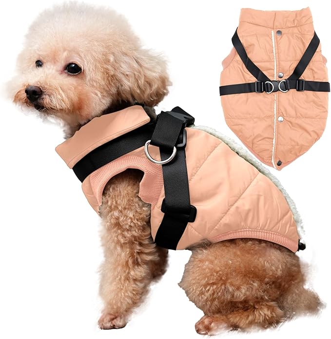 Dog Jacket with Harness,Fleece Lined Warm Puppy Coat for Winter,Soft Windproof Small Dog Vest,LightOrange M