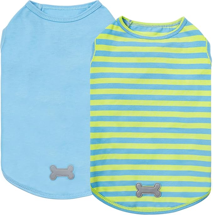 KYEESE 2Pack Dog Shirts Striped T Shirt Cotton Tank Top Soft Tee for Small Dogs Lightweight Clothes Sleeveless Dog Vest, Medium,Blue+Striped