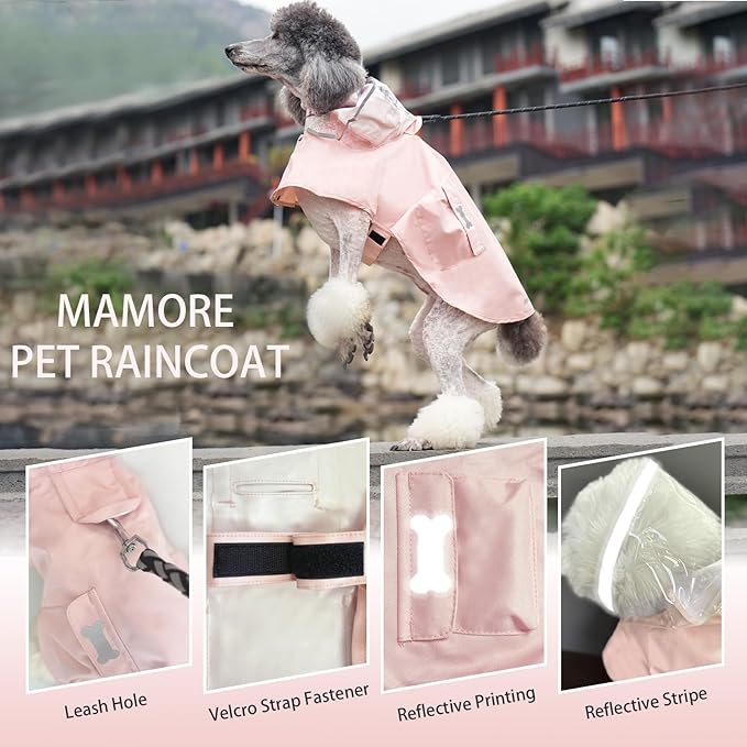 Dog Raincoat Waterproof, Adjustable Reflective Hooded Dog Rain Poncho with Leash Hole for Small Medium Large Dogs (Pink, X-Small)