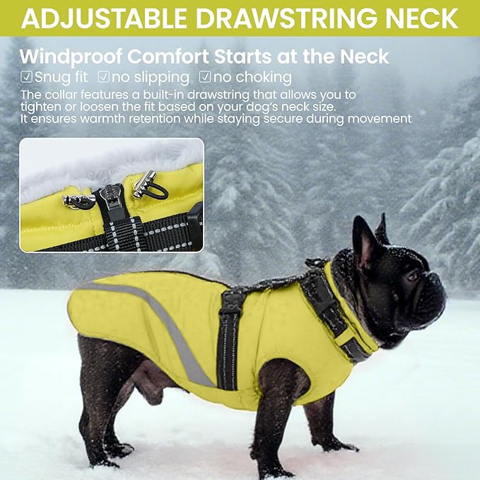 QBLEEV Dog Coat for Medium Dogs, Waterproof Dog Winter Coat with Built-in Harness and D-Ring, Zip Up Pet Cold Weather Coats with Fleece Lined, Warm Snowsuit Gear Vest for Pug Boston Terrier, Green, M