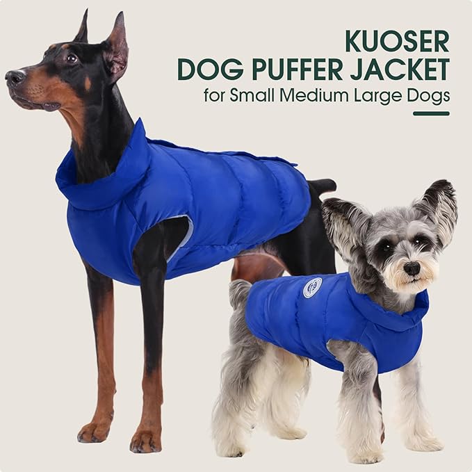 Kuoser Dog Coat Warm Dog Puffer Jacket, Windproof Dogs Padded Vest Lightweight Cold Weather Coats Pet Snowsuit Soft Puppy Winter Clothes for Extra Large Dogs, Button Design, Easy On/Off, Blue 2XL