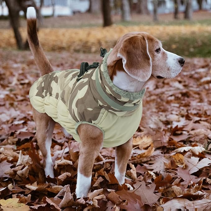 Lelepet Warm Dog Winter Coat Dog Coats for Small Dogs Waterproof Dogs Jacket with Harness Built in Reflective Cold Weather Coats Windproof Zip-Up Winter Fleece Vest Snowsuit Chihuahua Desert Camo