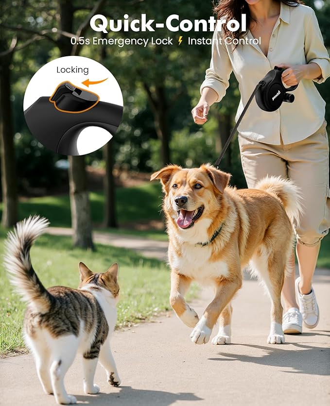 26ft Retractable Dog Leash with Chew Proof Extender, 2025 Upgraded Heavy Duty Retractable Pet Leash with Poop Bag Holder, Anti-Slip Grip, Reflective Leashes for Medium Large Dogs up to 110 lbs(Black)