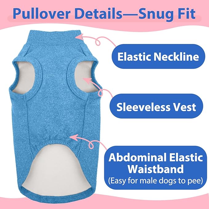 Stretch Fleece Dog Sweaters - Blue, L - Pullover Sleeveless Vest | Warm Stretchable Sweatshirt, Lightweight Breathablefor for Outdoor Movement,Dachshund,French Bulldog